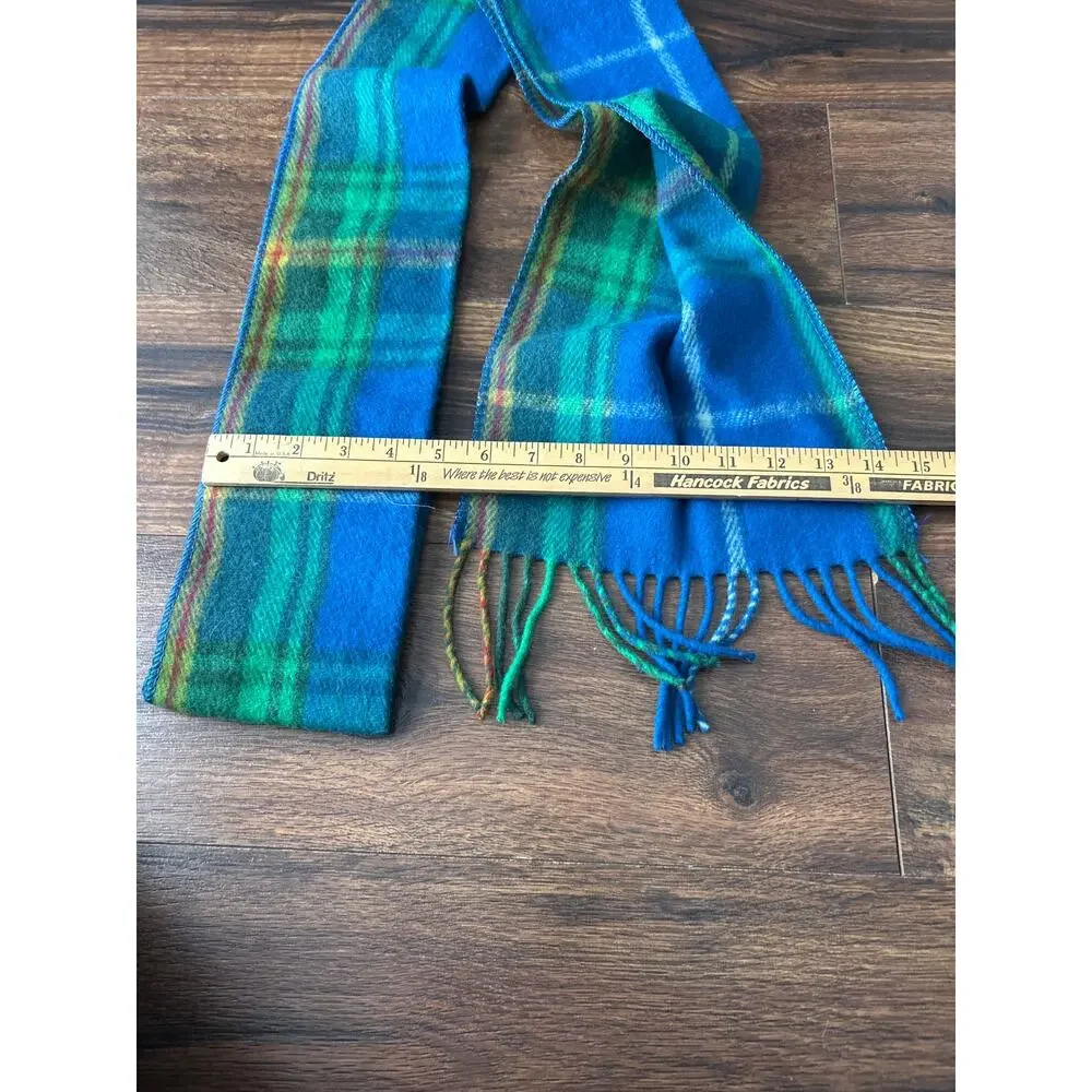 Patrick Kins Merino Wool Scarf Blue Plaid Fringe Buttons Pocket Tartan Scottish